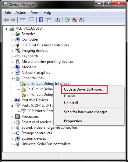 To install the drivers, right click on the first In-Circuit Debug Interface in Other Devices