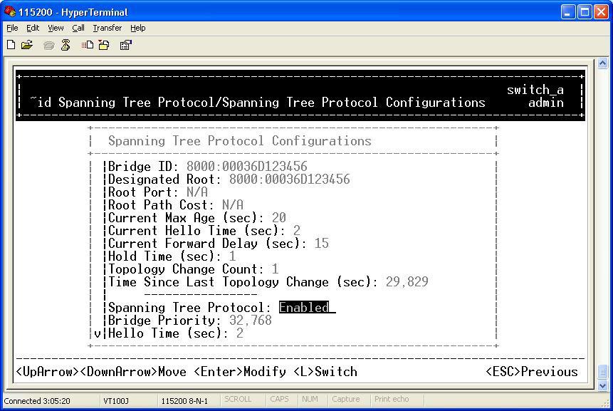 Spanning Tree Protocol Step 3: Press <Enter> to enter Spanning Tree Options. Decide to have it Disabled or Enabled. Bridge Priority Step 4: Move to highlight Bridge Priority and press <Enter>.