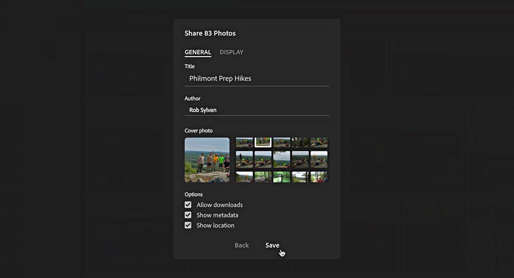 On the General tab you can customize the photo settings as far as showing metadata and allowing downloads, enter a title and author, and choose a cover photo.