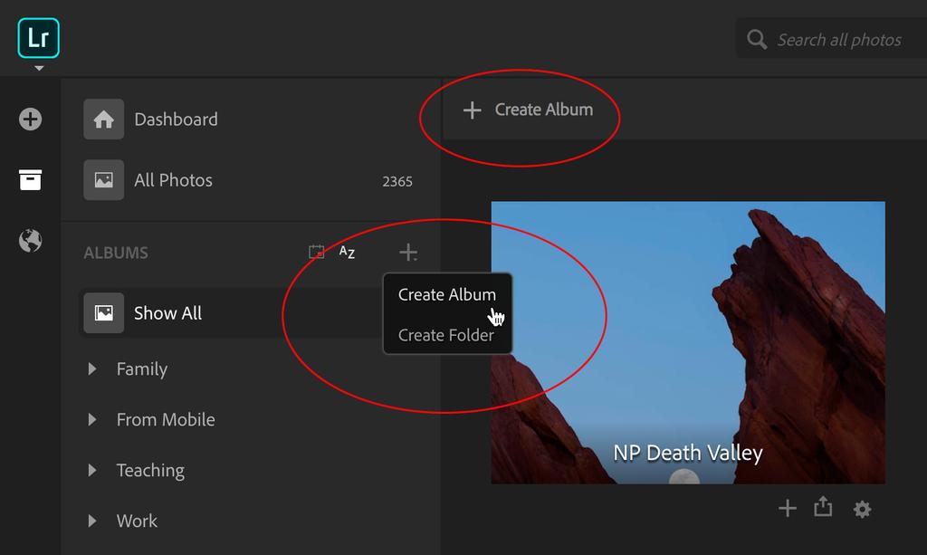 STEP ONE: Click the plus sign at the top of the Albums list or where it says Create Album to see the Create a New Album dialog box, where you can enter a name and click Create.