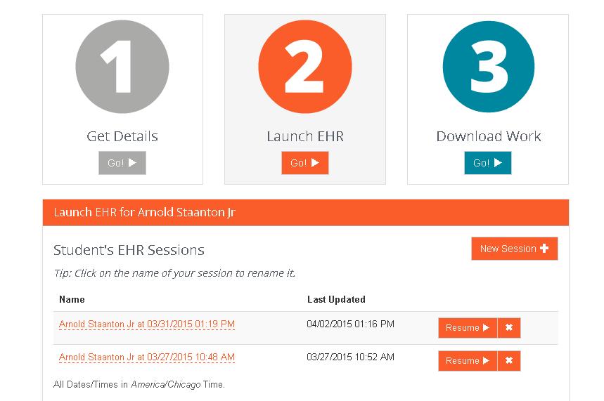 After selecting Launch EHR, select New Session or continue a previous session by selecting Resume.