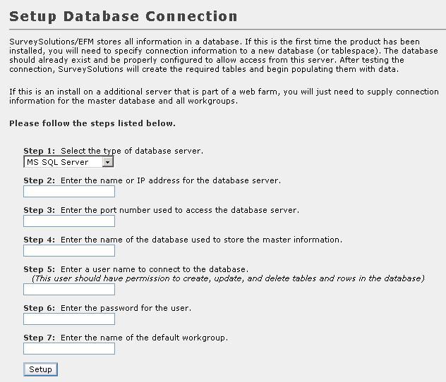 To configure the database connections, follow the steps below: 1. Step 1: Select the type of database server. 2. Step 2: Enter the Name or IP address of the server.
