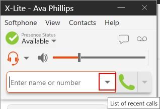 Tap the List of recent calls drop-down arrow in the Enter name or number field. A list of recent calls appears. 2. Select the number or person you want to call. X-Lite places the audio call.