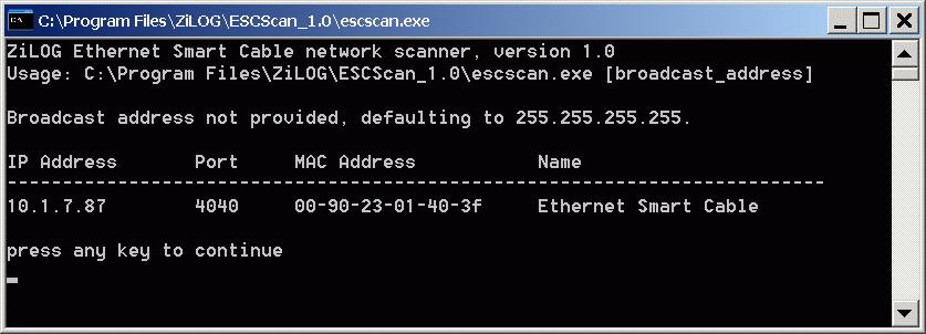 Figure 8. escscan.exe Application Screenshot 4. Note the IP Address. If you have several ESC connected to the network, the IP address will be shown for each particular ESC s MAC address. 5.