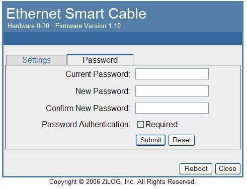 Figure 7. Ethernet Smart Cable Password Web Page 3. Once the configuration in the Settings tab are changed, click the Submit button.