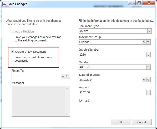 The Save Changes window appears allowing the user to Add a Revision or Create a New Document as demonstrated below.