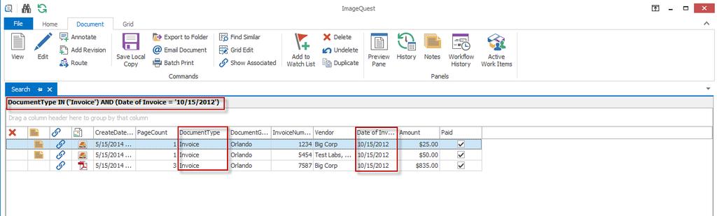 The custom search results are three Invoices with a Date of Invoice of 10/15/2012.