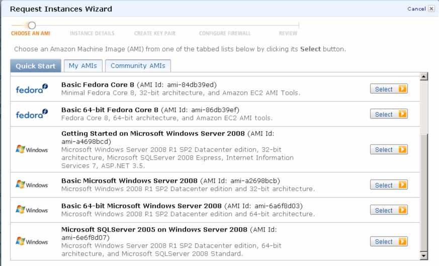 8 If you plan on using a Microsoft Windows operating system, use the Quick Start tab and select the Basic Microsoft Windows Server 2008 AMI, as shown below.