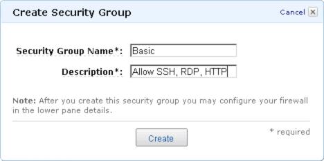 5 Create a Security Group named Basic and add a description of Allow SSH, RDP, HTTP.