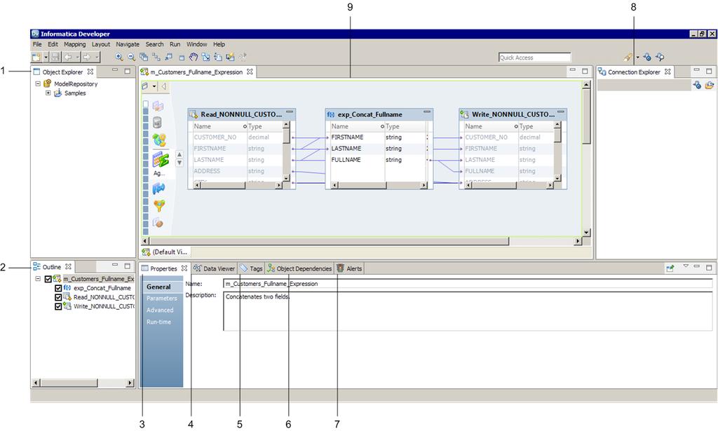 Informatica Developer User Interface The Developer tool user interface consists of a workbench with multiple views that you use to create data integration and data quality solutions.