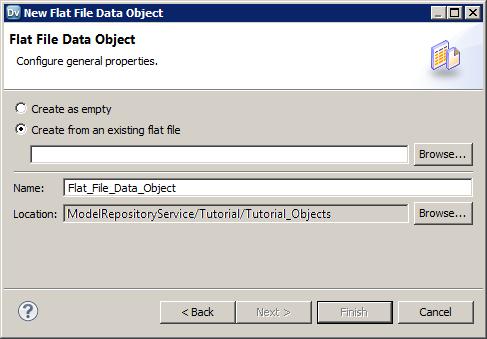 The New Flat File Data Object dialog box appears. 4. Select Create from an existing flat file. 5. Click Browse and navigate to Boston_Customers.