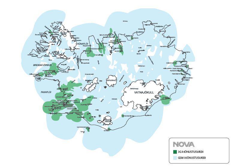 Figure 3.3 Coverage of Nova mobile phone network 3G area Nova own network in green and access to Vodafone and Siminn 2G networks in blue Source: Nova. 73.