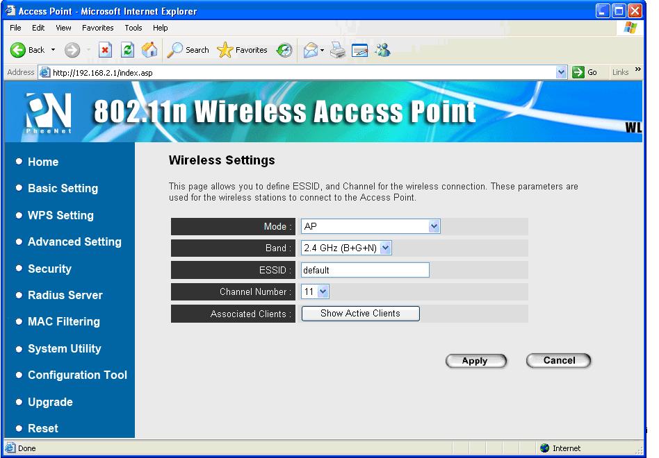 2-4 Select an Operating Mode for Wireless Access Point This access point can be operated in different modes; you can click Basic Setting on the left of web management interface to select a operating