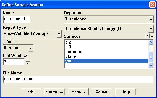i. Select Area Weighted Average in the Report Type drop-down list. ii. Select Turbulence... and Turbulence Kinetic Energy in the Reports of dropdown lists. iii. Under Surface, select y=0. iv.