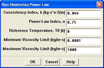 (b) In the materials panel, select non-newtonian-power-law in the Viscosity dropdown list. This opens Non-Newtonian Power Law panel. i. Specify the following parameters: ii.