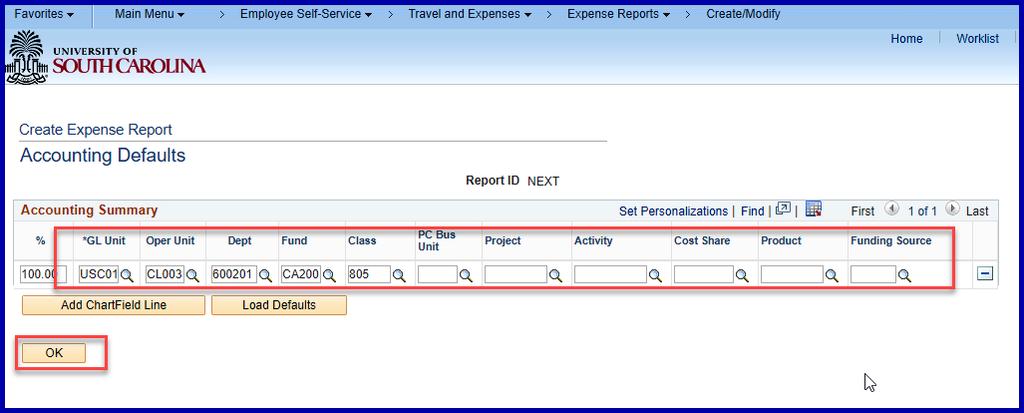 To change the accounting on all expense report lines, select Default