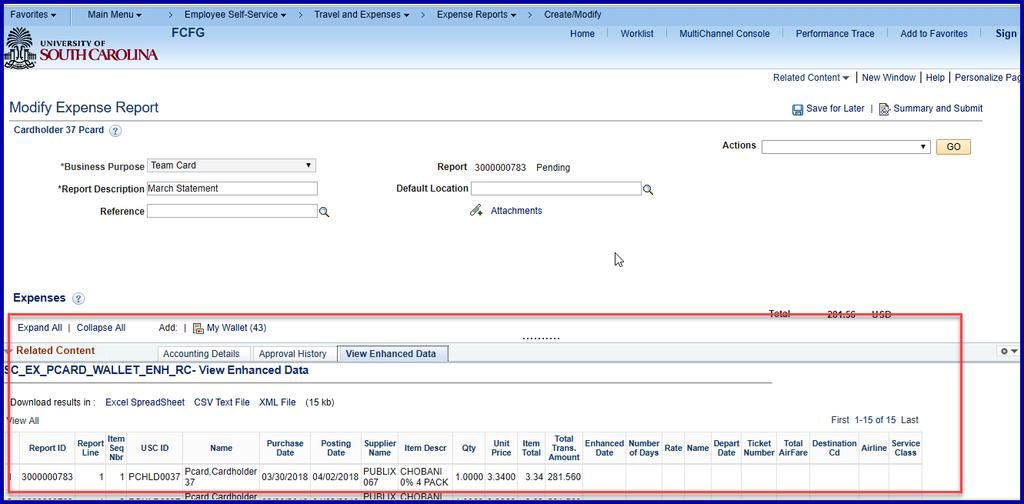 transaction enhanced data or the accounting details displayed in a grid format.