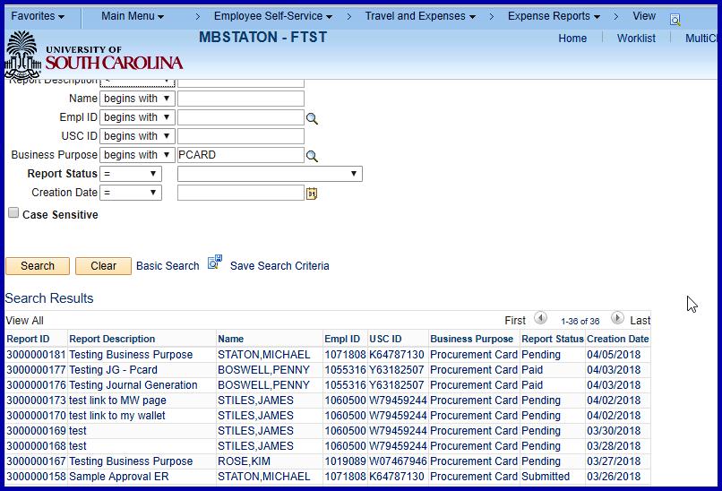 Search by any field, for example, select the business purpose Procurement Card and click Search All Expense
