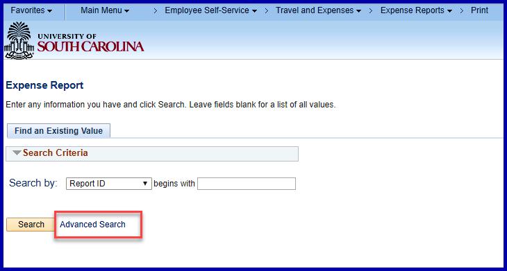 Printing an Expense Report Navigation Main Menu > Employee Self-Service > Travel and