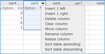 column header brings up an arrow for the respective column. On click, the respective tool option will be displayed.