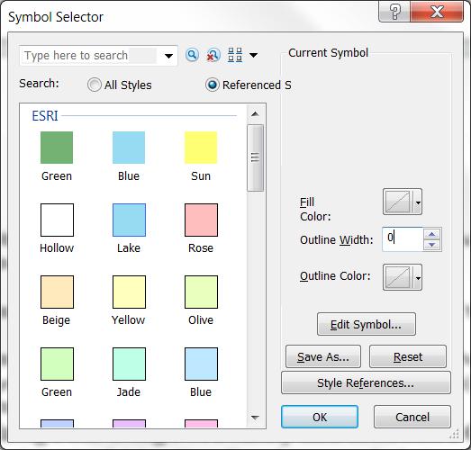 In the Symbol Selector window, set the Fill Color to No Color, the Outline Width to 0, and the Outline Colour
