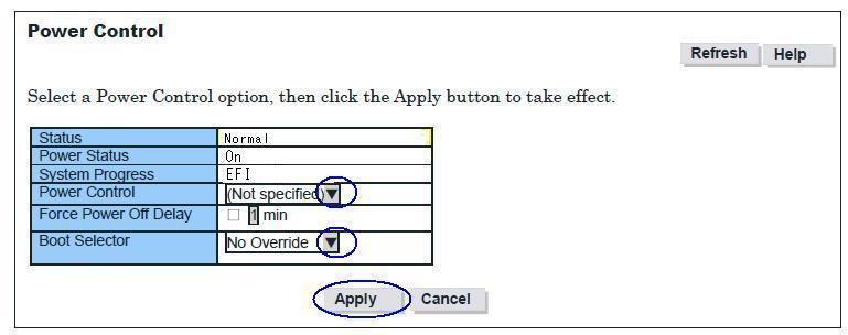 APP0205020 B.5.2 System Power Off (1) Navigation Bar [System] Click on Sub Menu [Power Control]. The window shown in Figure B.5.2-1 appears. Figure B.5.2-1 Power Control (Example) (2) Select [Power Off] form the [Power Control] pull-down list box.