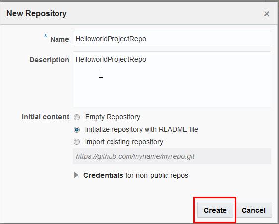 In the New Repository window, enter HelloworldProjectRepo as