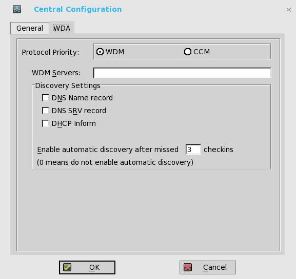 To configure the WDA settings, do the following: 1 From the desktop menu, click System Setup, and then click Central Configuration. The Central Configuration dialog box is displayed.