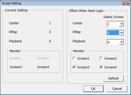 Display position: CMS system supports up to 4 monitors, users are allowed to customize the display position that to decide the Center, Emap, Monitor, or Playback to be displayed on which monitor