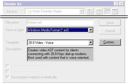 116 Using rendering format controls and templates VideoFactory has a number of templates that appear on the Render As dialog s Template drop-down list to automatically configure a particular format