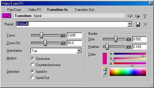 To modify a transition: 1. Click the FX button ( ) on the Transition event. The Transition In or Transition Out tab is brought to the top of the Video FX dialog. 2. Change the parameters.