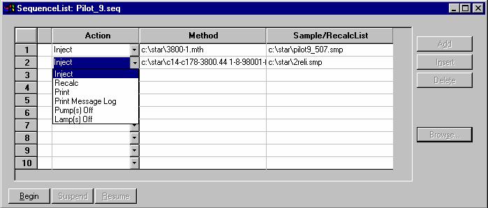INJECTING MULTIPLE SAMPLES Using More Than One Method for Injections or by clicking on the New or Open Automation File button on the toolbar. The Sequence window for the open Sequence is displayed.