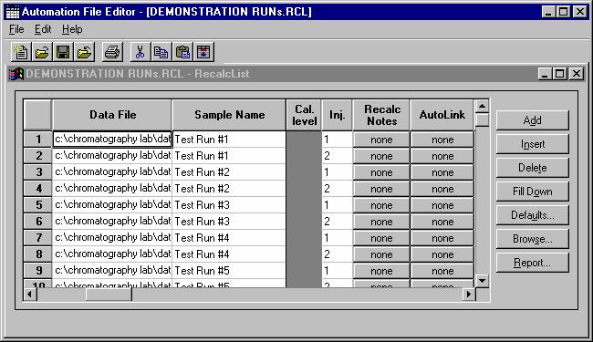 AUTOMATION FILE EDITOR Editing or Creating a RecalcList As the table is scrolled to reveal additional columns, the Data File and Sample Name column do not scroll.