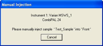 USING THE COMBI PAL AUTOSAMPLER Building CPAL SampleList In GC mode, there is no Inject button in the Manual Injection dialog since the inject signal is triggered by