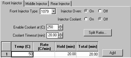1079 Split Ratio If the 1079 Injector is connected to a Type 1 EFC, press the Split Ratio button to build the Split Ratio Time Program.