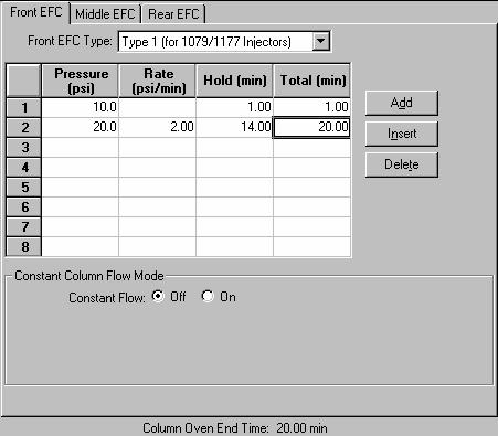 Type 1 EFC (for 1079/1177 Injectors) If you indicate that a Type 1 EFC is installed, a pressure ramp spreadsheet will appear.