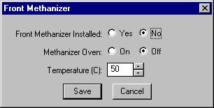 Program the Methanizer in the position corresponding to the tab in the Detector window by clicking on the Methanizer button. The Methanizer Program dialog box will appear.