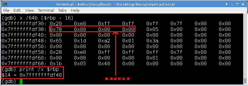 27 Figure 25 Stack Frame of Main Function after Returning As we can see we are back where we started, at the main function frame with base pointer at memory address 0x7FFFFFFFDF40.