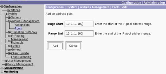 3. In order to tell the VPN 3000 Concentrator to use the pool, select Configuration > System > Address
