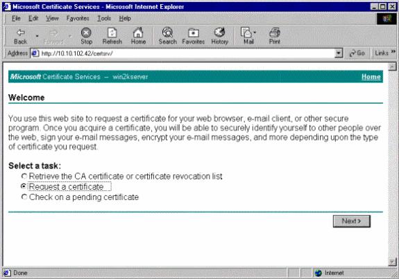 CA/certsrv). The Welcome window for certificate retrievals and requests displays. 2.