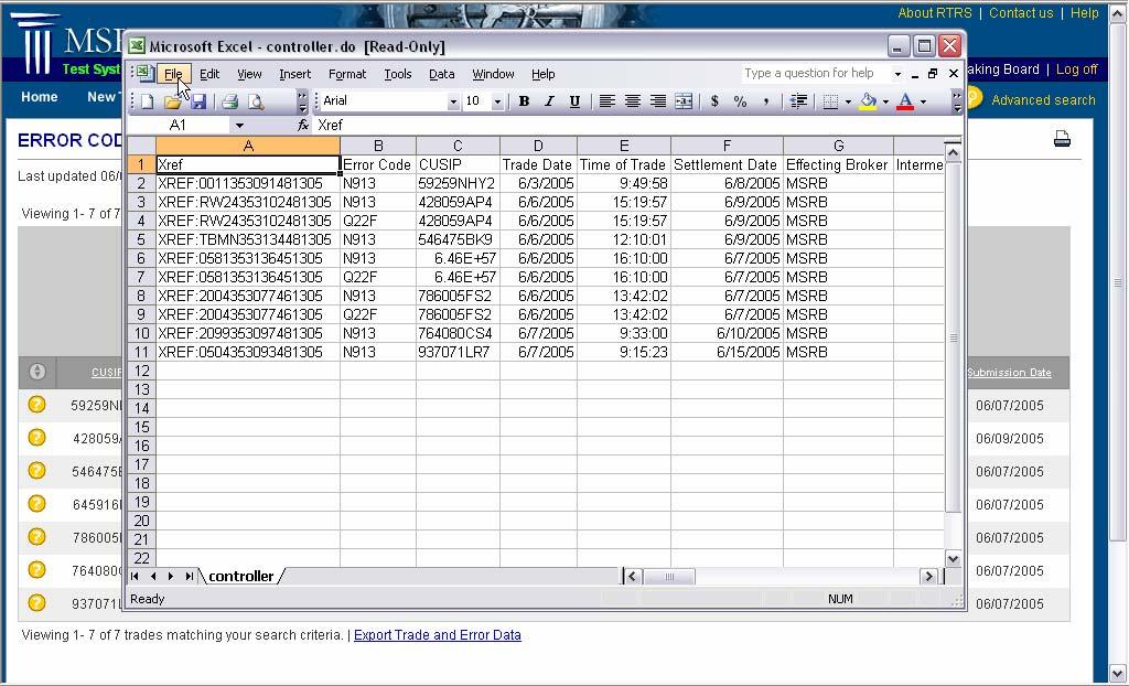 Note one line for each error code received by each transaction in the results set CSV file resulting from export open in Microsoft Excel To export all data for a particular trade, select a