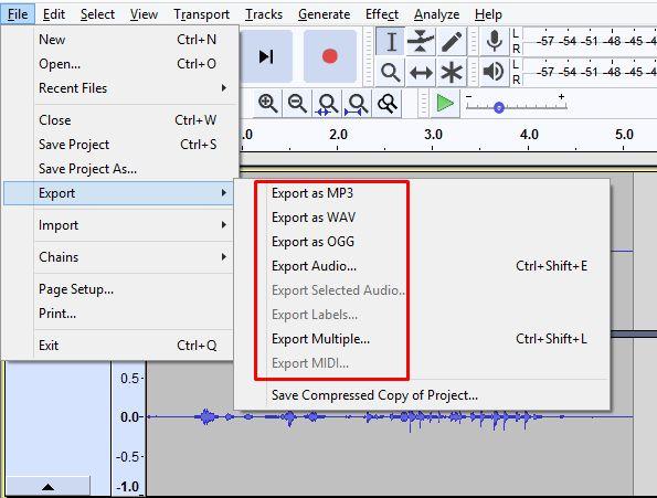 Export audio file 1) From the menu, go to File > Export > Export as (filetype)