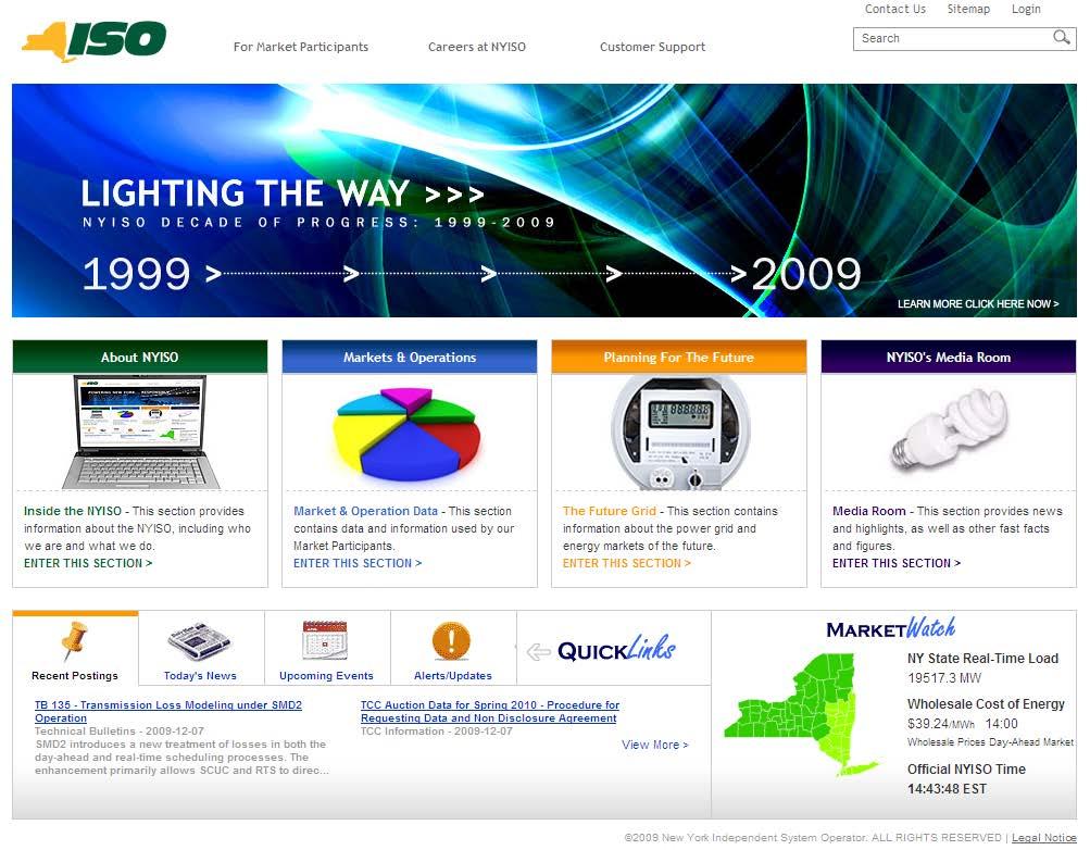 Figure 2-1 NYISO Home Page 2. On the NYISO Home page, position your cursor over the Markets & Operations header.
