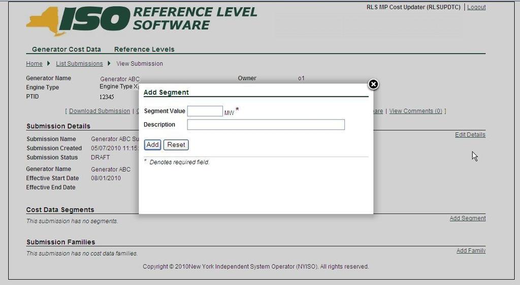 3.3.1.2.2 How to Enter Cost Data Segments Via the page illustrated in Figure 3-6, the user may add segments.