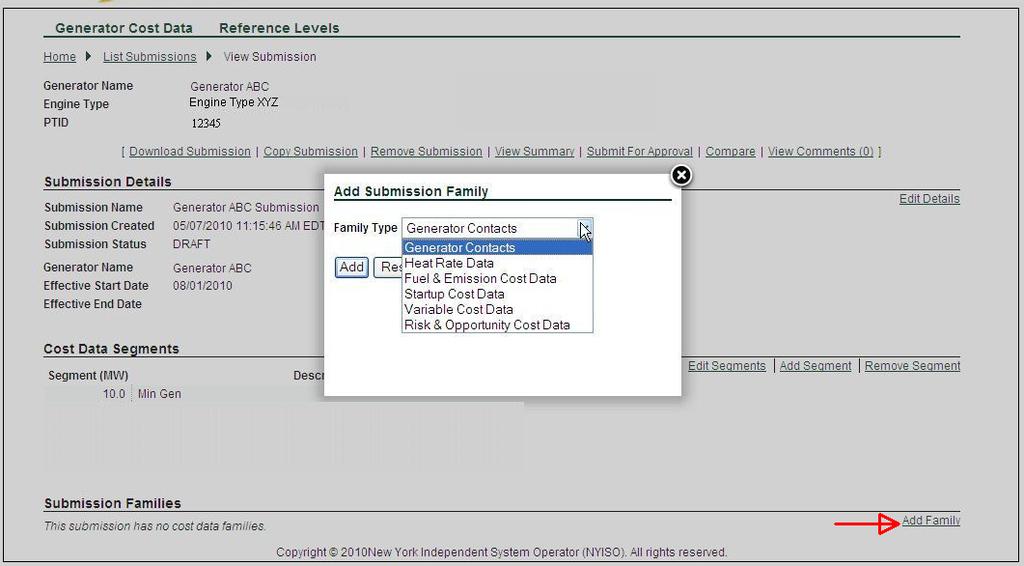 Figure 3-7 Links to Modifying Cost Data Segments Next, the user can add each of the Submission Families.