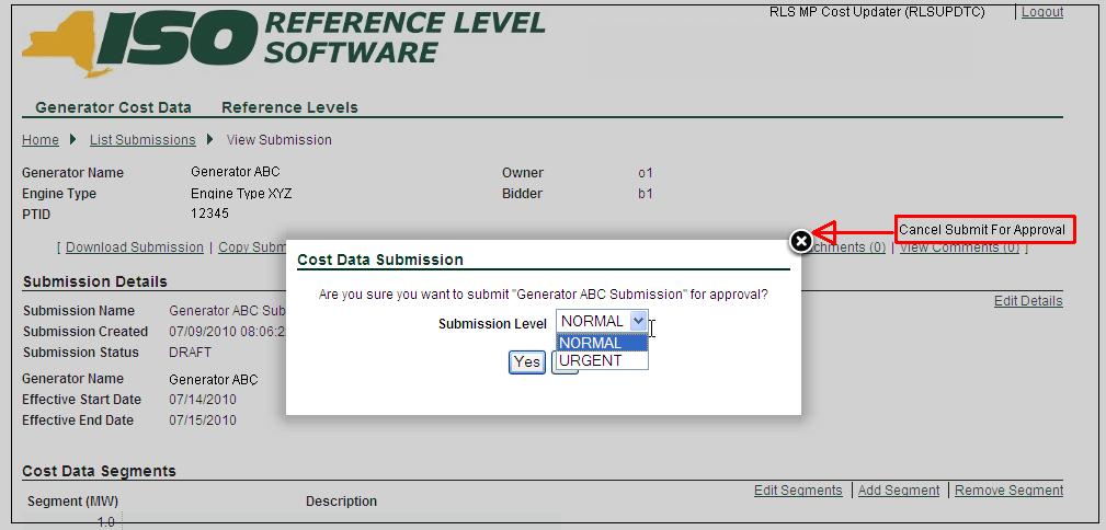 Figure 3-39 Submit For Approval Link In response, the RLS application displays a confirmation prompt.