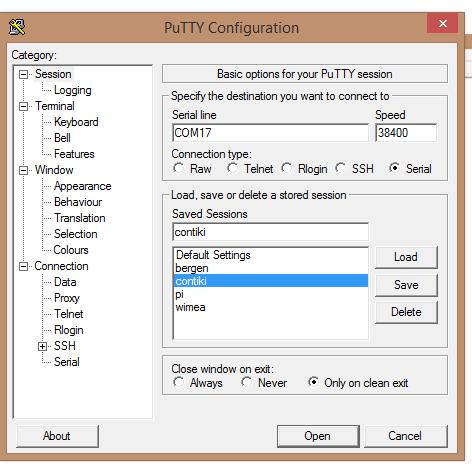 Figure 6 Putty, a serial client opting to use com port 17. After pressing the Open button, you will be able to interact with the mote via keyboard commands.