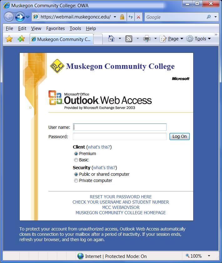 Accessing Muskegon Community College's Email Using Outlook Web Access and the Internet Muskegon Community College provides students with an email address and email storage on the college's email