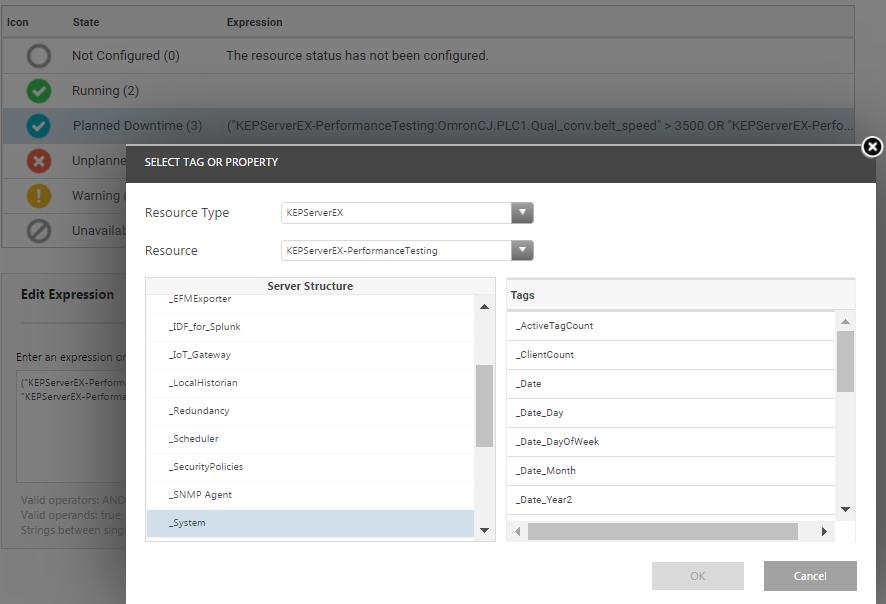 Configure Status 1. Go to Administration and Configuration Manage Resources. 2. Select a resource from the table and click Configure Resource. 3. For each state, enter an expression.