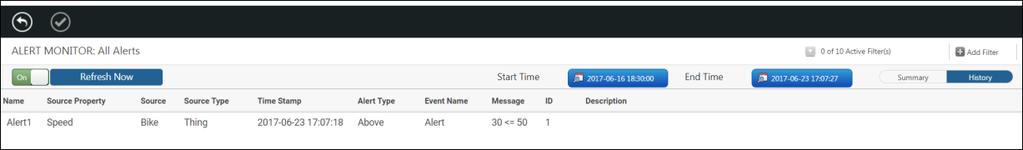 Once an alert has been acknowledged, a checkmark appears in the table and it no longer sends out notification messages.